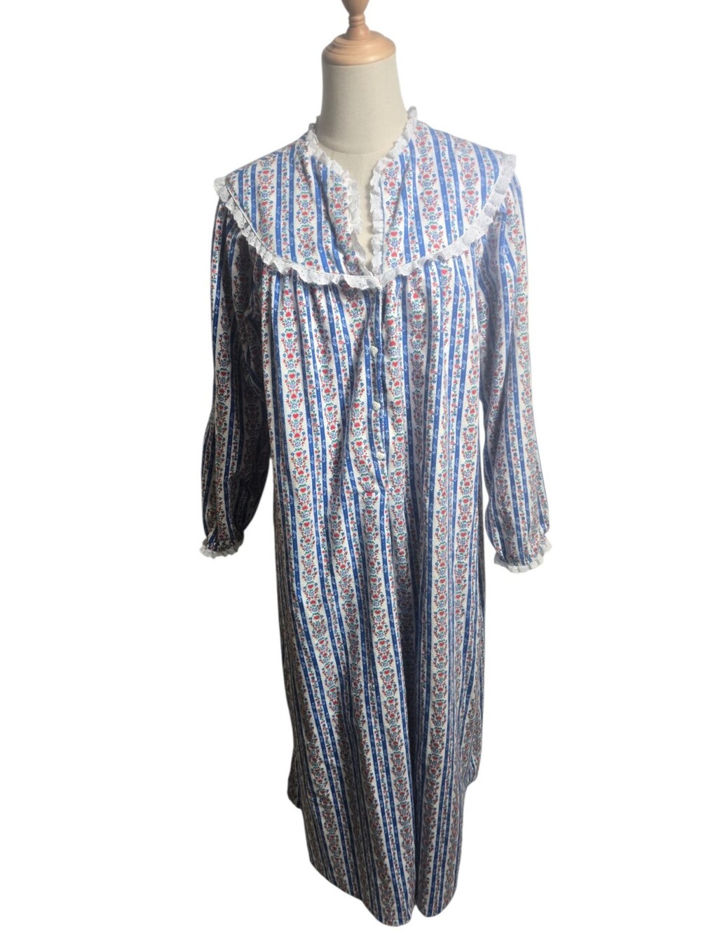 Lanz Of Salzburg Blue Floral Stripe Granny Nightgown with Ruffled Collar